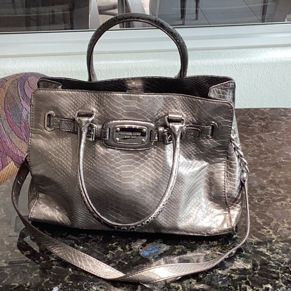 Michael Kors pewter python tote handbag.